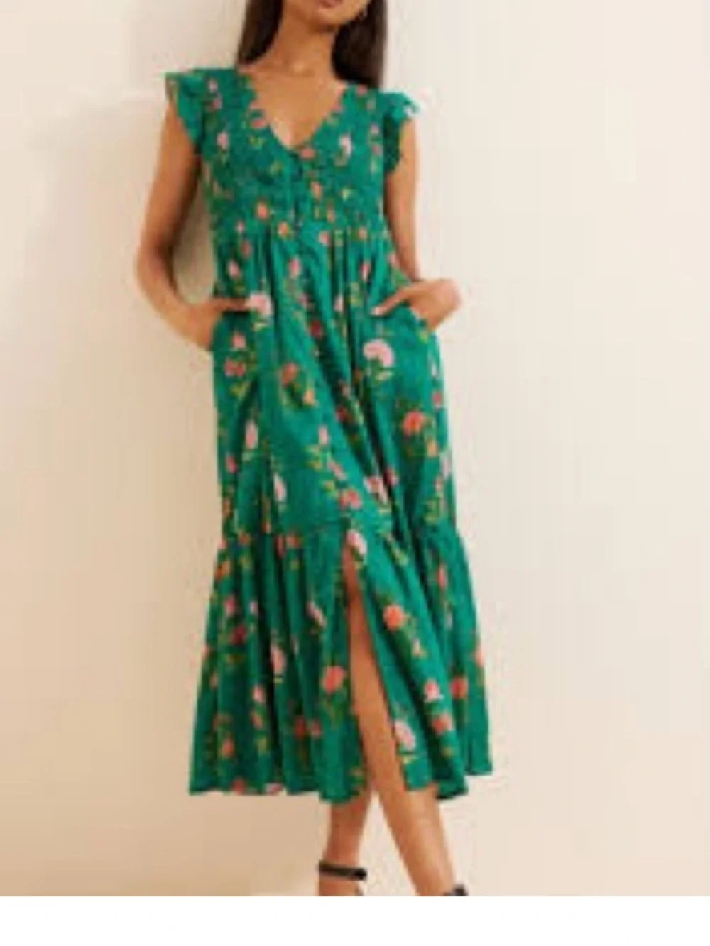 Anthropologie Emerald Green Floral V-Neck Tiered Midi Dress